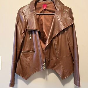 G.I.L.I. Chestnut Brown Faux Leather Asymmetrical Moto Jacket
